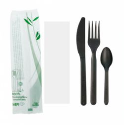 Pack Cuchillo,Tenedor, Cucharilla Negro CPLA,con Servilleta. 200 Unidades