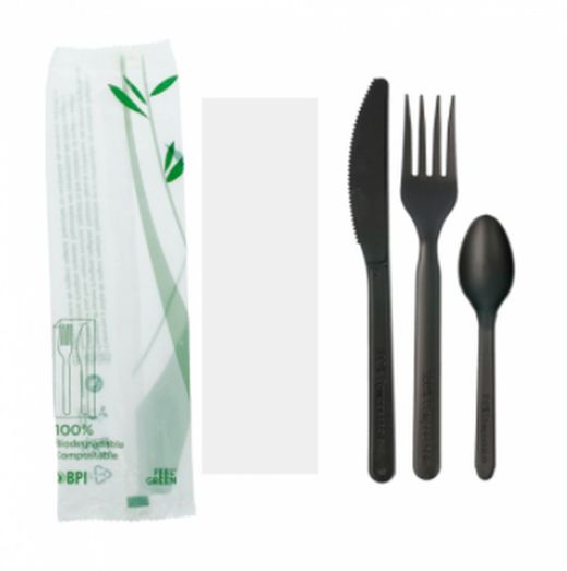 Pack Cuchillo,Tenedor, Cucharilla Negro CPLA,con Servilleta. 200 Unidades