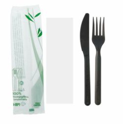 Pack Cuchillo,Tenedor Negro CPLA,con Servilleta. 200 Unidades