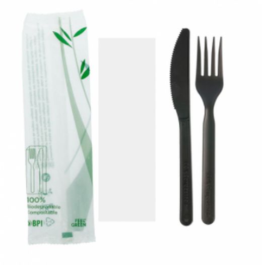 Pack Cuchillo,Tenedor Negro CPLA,con Servilleta. 200 Unidades